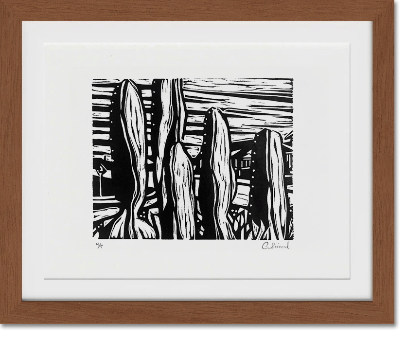 Black and white abstract print of elongated cactus plants with horizontal lines in the background, framed in a wooden frame.