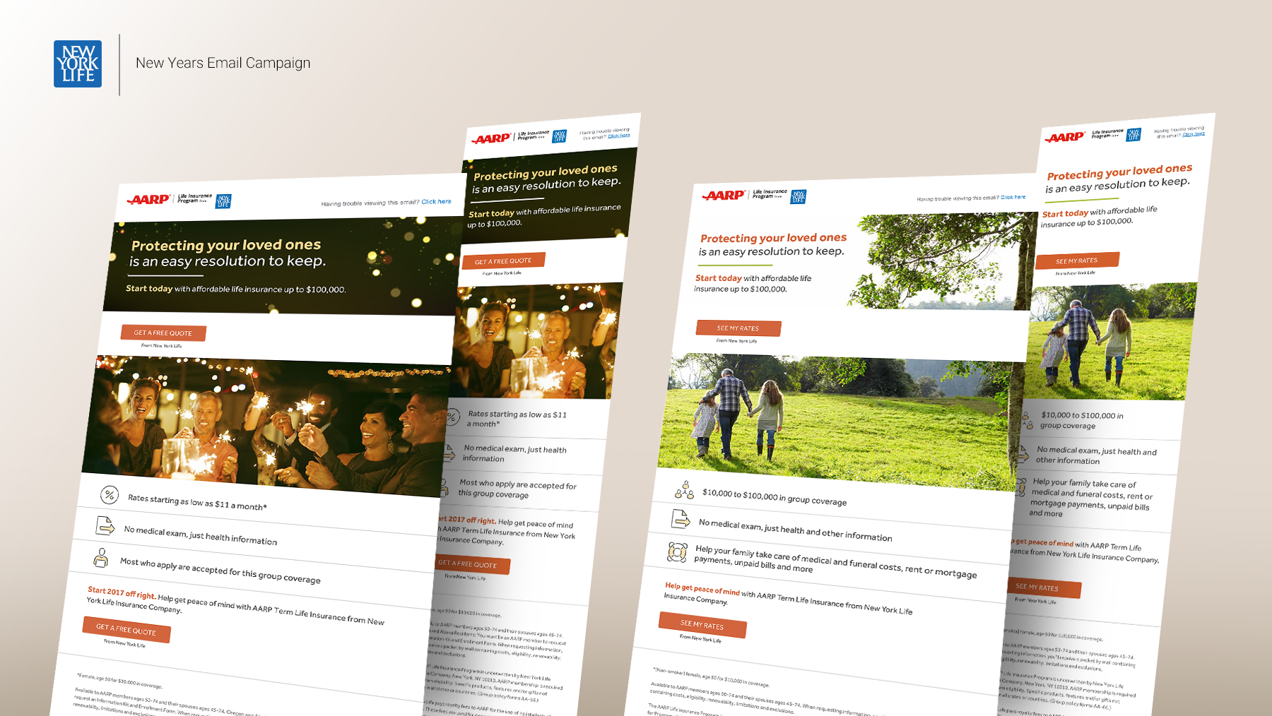 Advertisement email campaign for New York Life and AARP promoting life insurance, featuring images of people celebrating and walking outdoors, with text emphasizing protection and affordable rates.