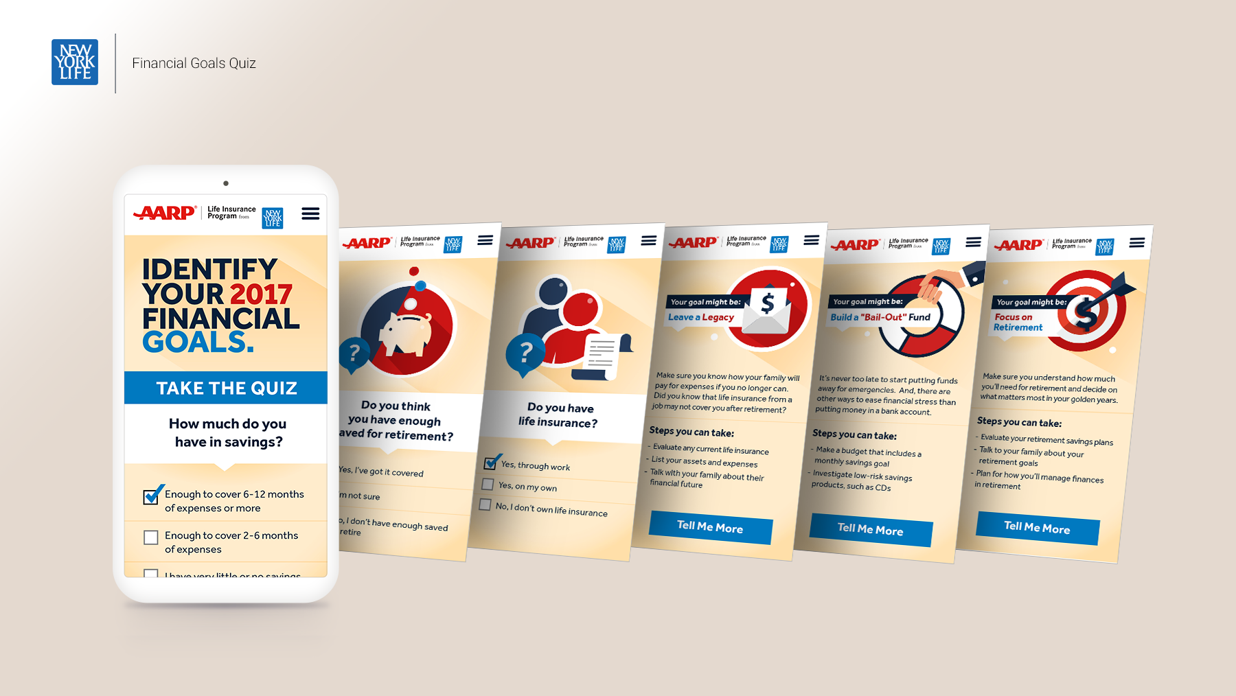 Screenshots of a quiz titled "Identify Your 2017 Financial Goals" from New York Life and AARP, with questions about savings, life insurance, and financial planning, along with options to learn more.