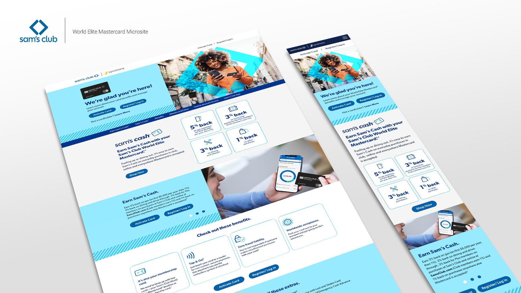 Web page of Sam's Club Mastercard microsite showing a woman with curly hair using her phone, blue and white branding, offers for cashback rewards, and a 'Shop Now' button.