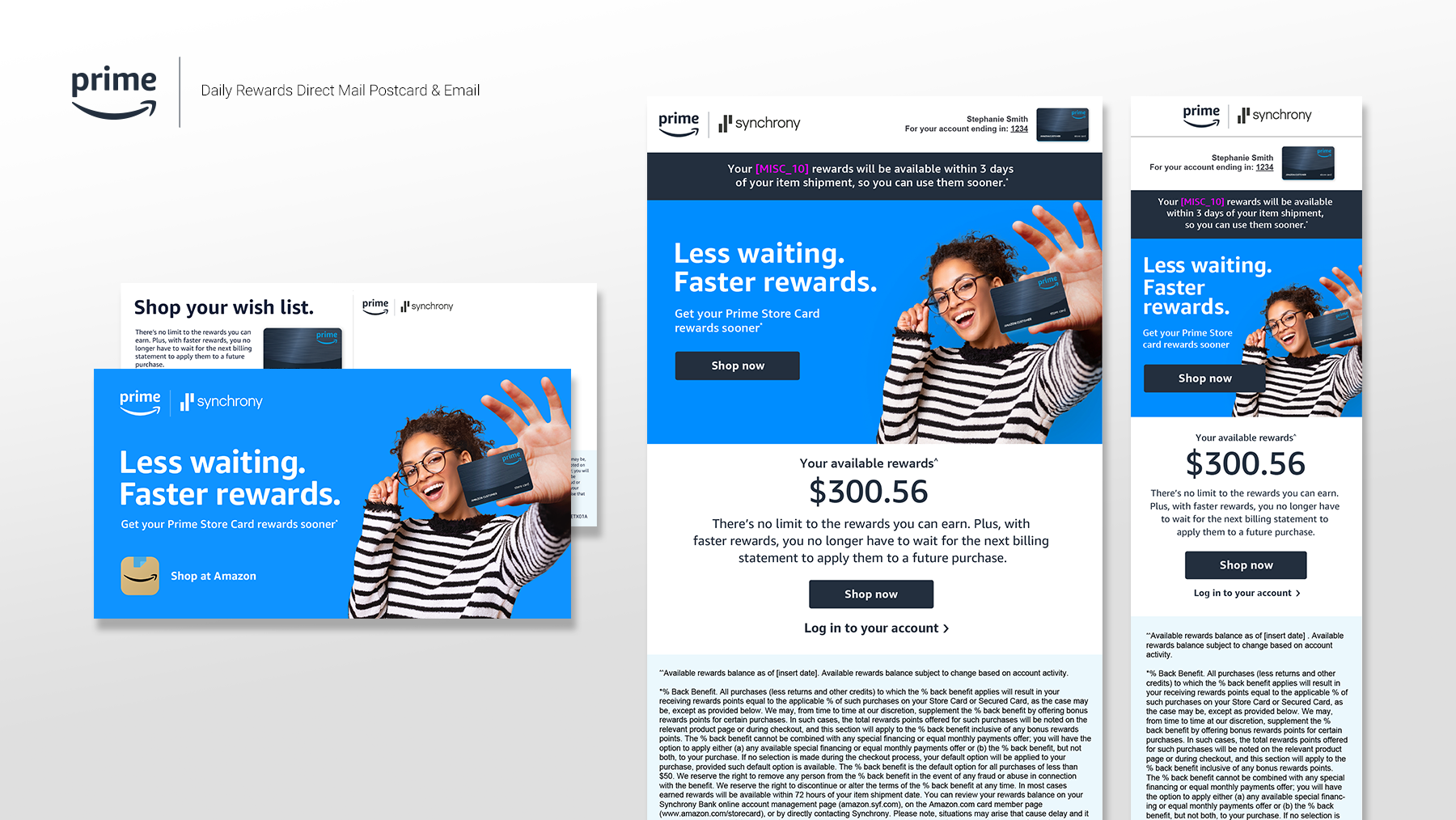 An email showing a promotional offer for Amazon Prime Rewards, featuring a smiling woman holding a Prime Store Card, with a message about earning rewards and a call to action button labeled 'Shop now'.