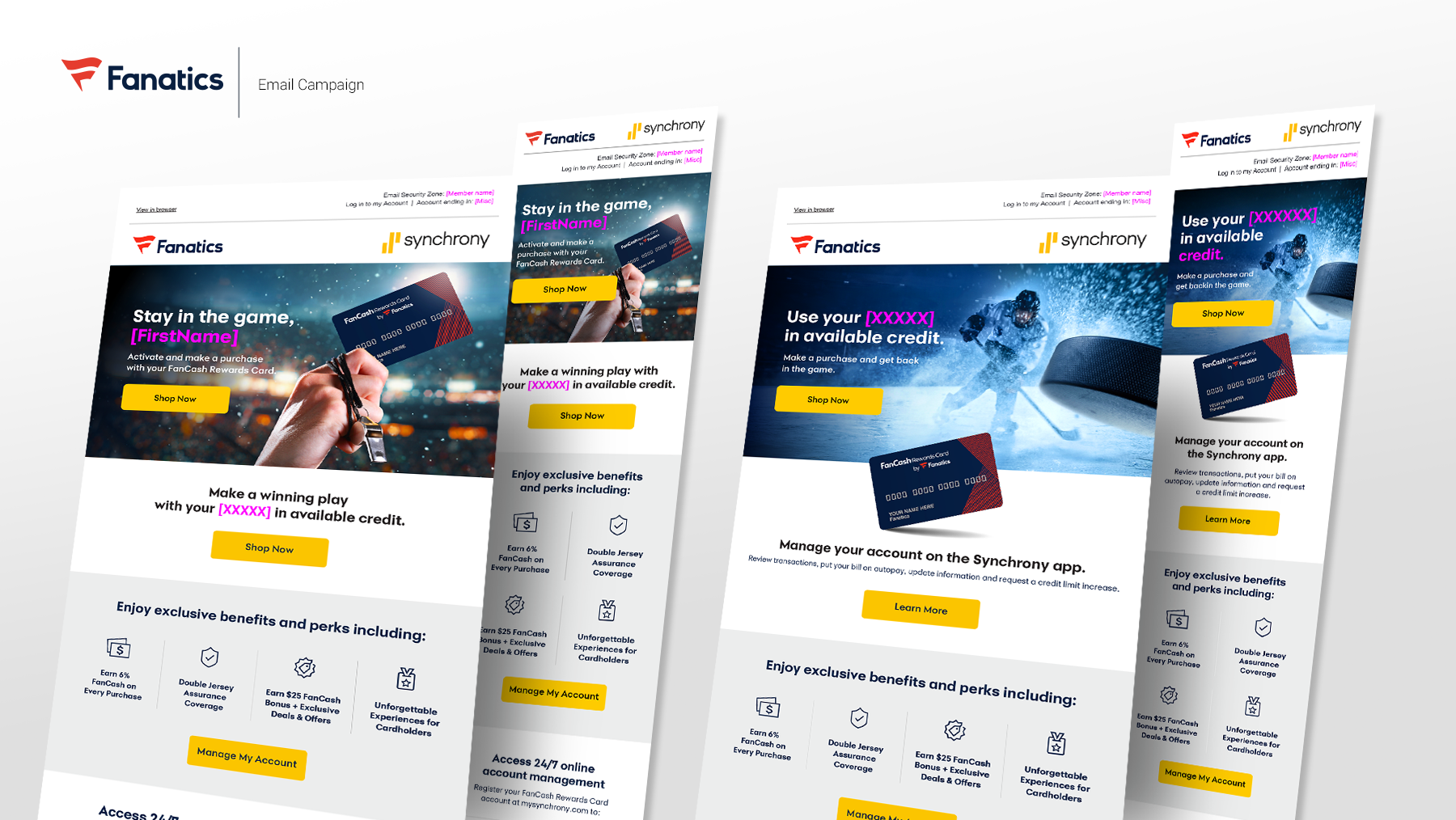 Email marketing campaign flyer for Fanatics and Synchrony. Features promotions for using a FanCash Rewards Card with images of a credit card and hockey players, and includes call-to-action buttons for shopping and managing accounts.