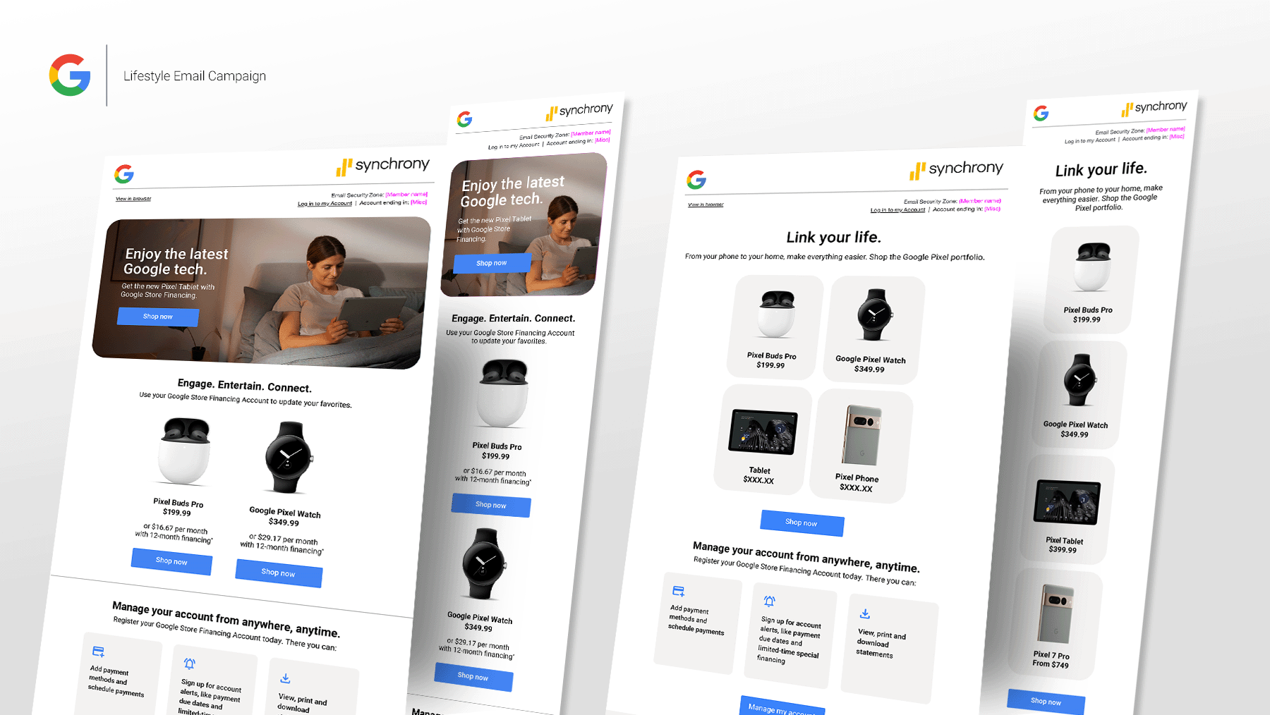 Screenshots of promotional email campaigns for Google Pixel products, showing images and prices for Pixel Buds Pro, Pixel Watch, Pixel Phone, Pixel Tablet, and Pixel 7 Pro with call-to-action buttons.