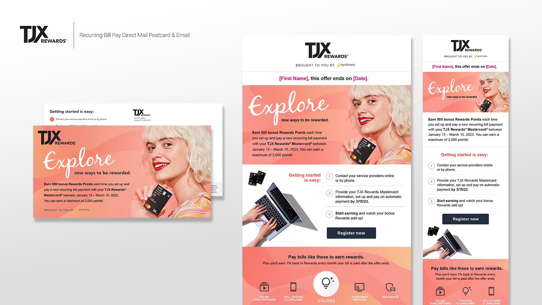 Promotional flyer for TJX Rewards bonus program featuring a woman with blonde curly hair smiling and holding a TJX Rewards Mastercard, with instructions on how to earn rewards points and start the program.