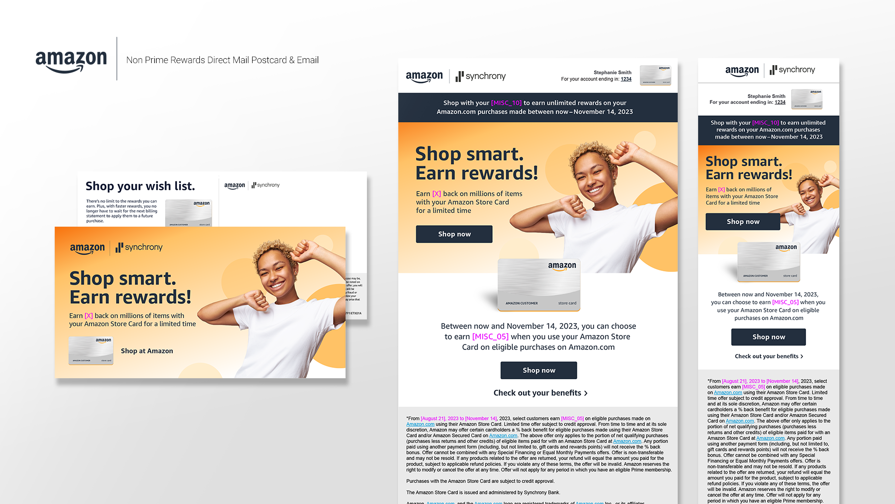 Promotional email from Amazon and Synchrony about earning rewards with a store card, featuring a smiling woman in white t-shirt and a virtual store card, with call-to-action buttons to shop now and check benefits.