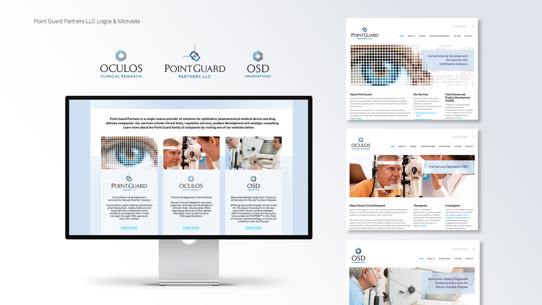 Screenshot of multiple website pages for Point Guard Partners LLC, featuring their logos and microsite, with sections on clinical research, ophthalmic products, and pharmaceutical services, including images of eye examinations and laboratory work.