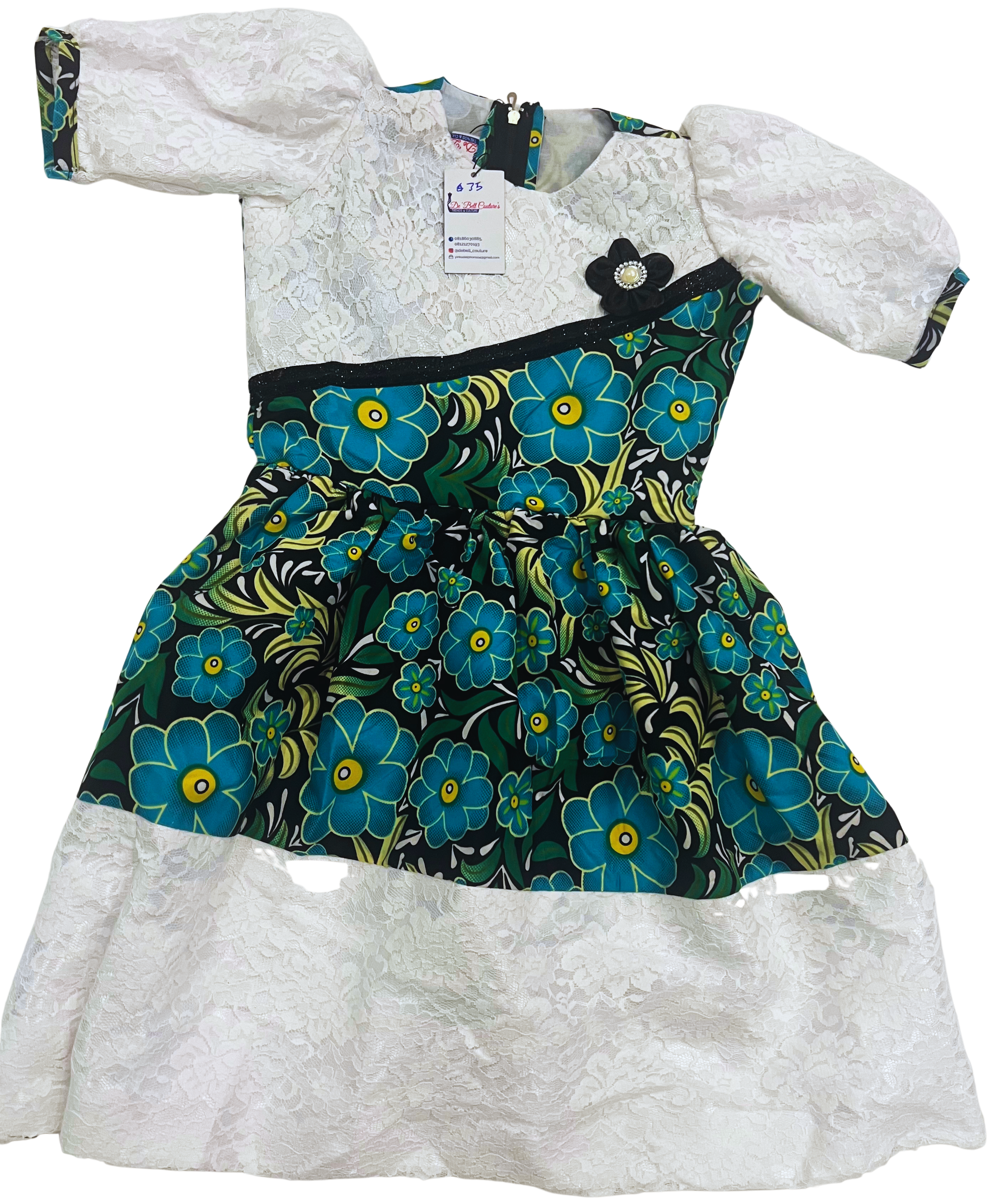 Green Ankara and Lace dress - 6-10Years
