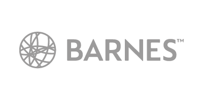 Logotipo de Barnes en color gris con un símbolo circular en estilo de mundo o red, y el nombre 'BARNES' en letras mayúsculas.
