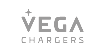 Logotipo de VEGA CHARGERS en color gris sobre fondo negro