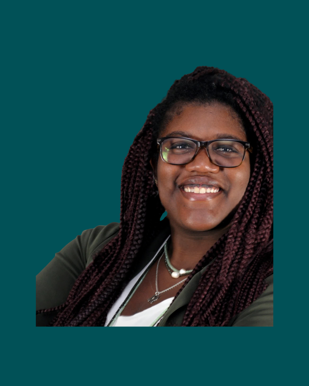 A smiling woman with glasses and long braided hair, wearing a necklace and a dark jacket, against a teal background.