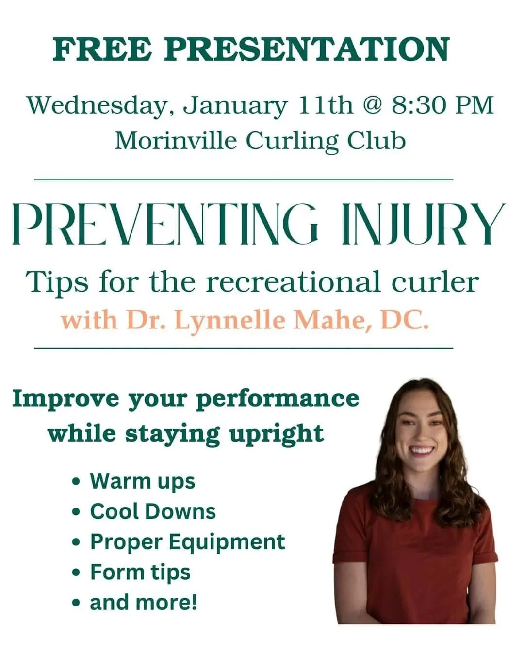 🥌ATTENTION CURLERS!! 🥌
Come check out my free presentation in Morinville in January 😊
#curling #curlingalberta #chiropractic #chiropractor #free #morinville