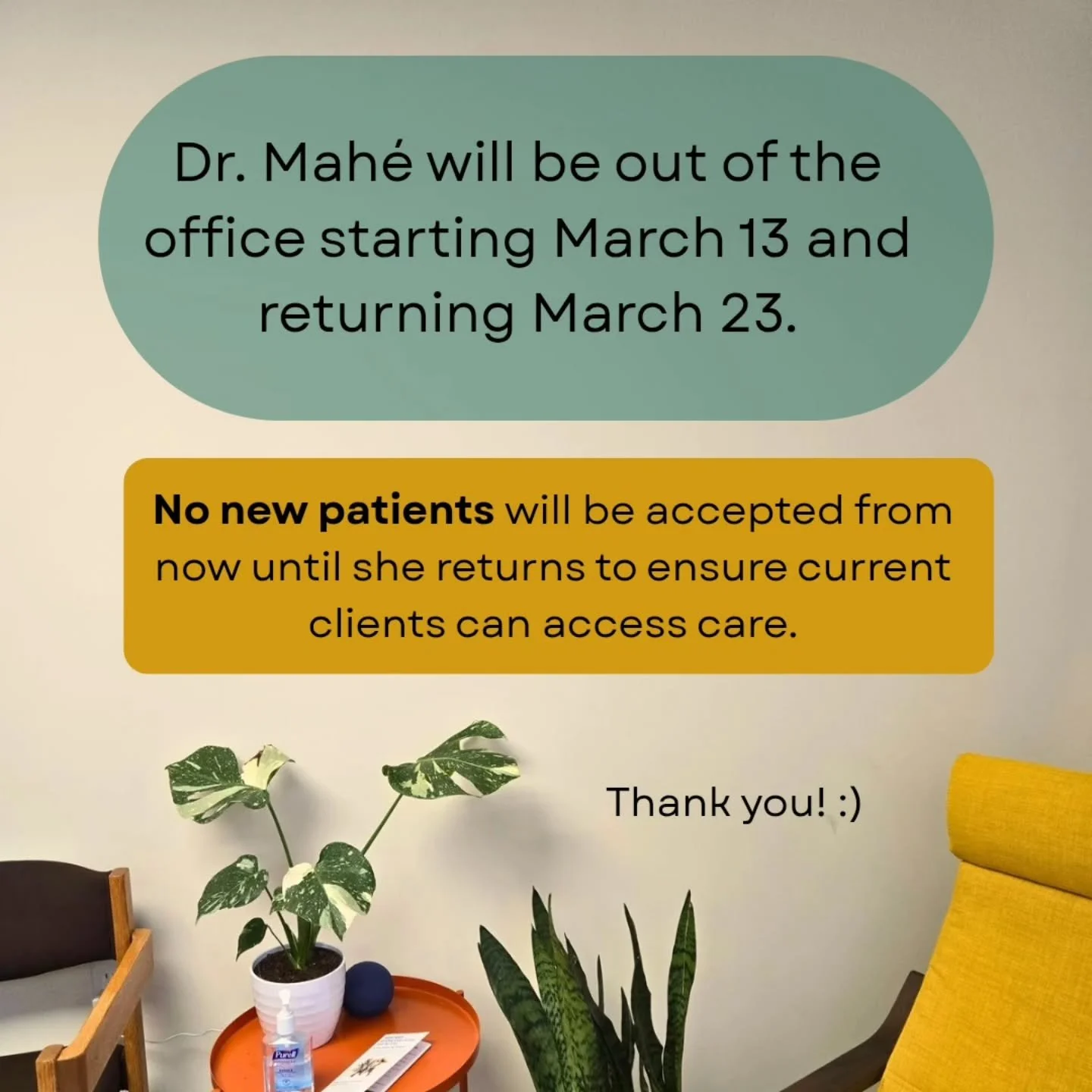 I'm off to visit friends and family in Ontario!

Some extra days have been added to try to accommodate the time off. If you are a current patient and can't find a time, let me know and I'll do my best to accommodate.

 **NO NEW PATIENTS** will be acc