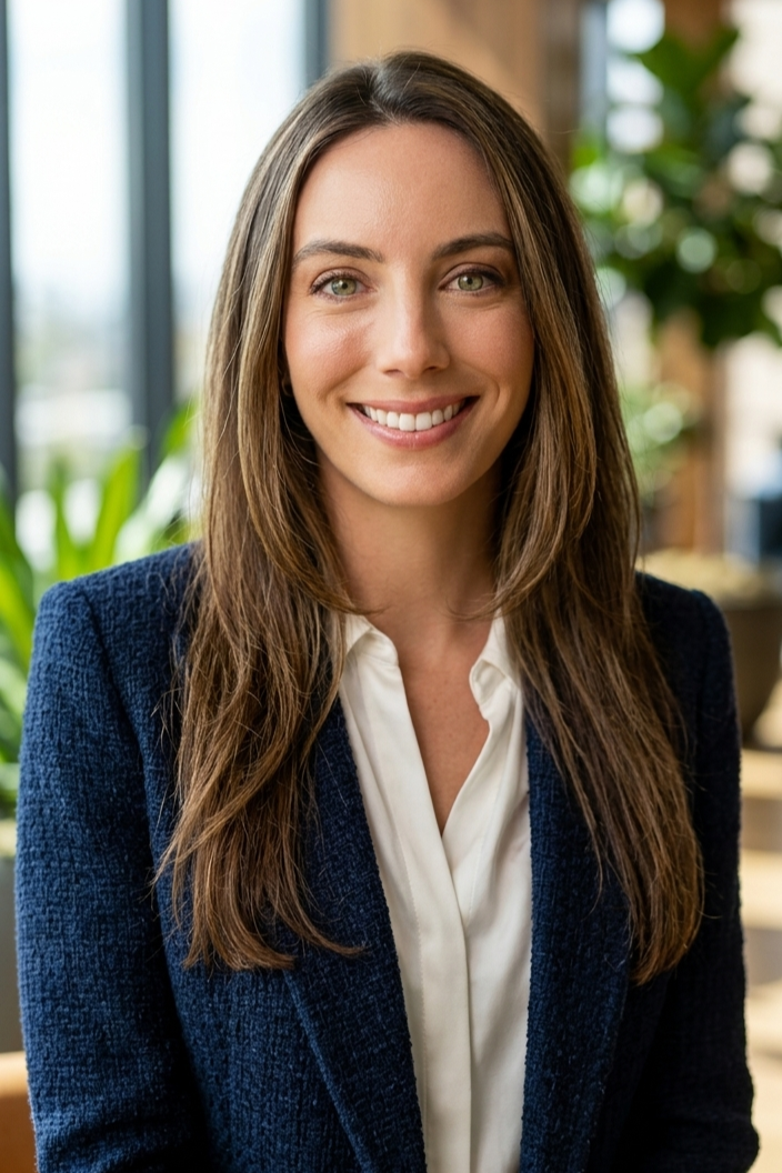 A smiling woman with long brown hair, wearing a dark blue blazer and a white blouse, standing indoors near a window with green plants in the background.