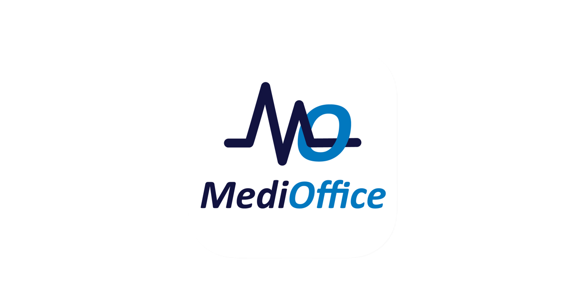 MediOffice logo featuring a stylized heartbeat line forming the letter 'M' and the text 'MediOffice' in blue and black.