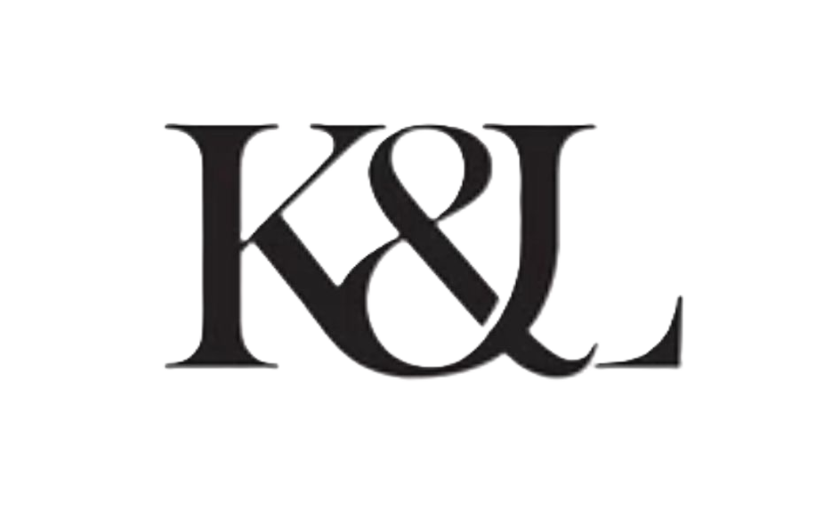 Close-up of a black-and-white logo with the letters K, & , and L intertwined.