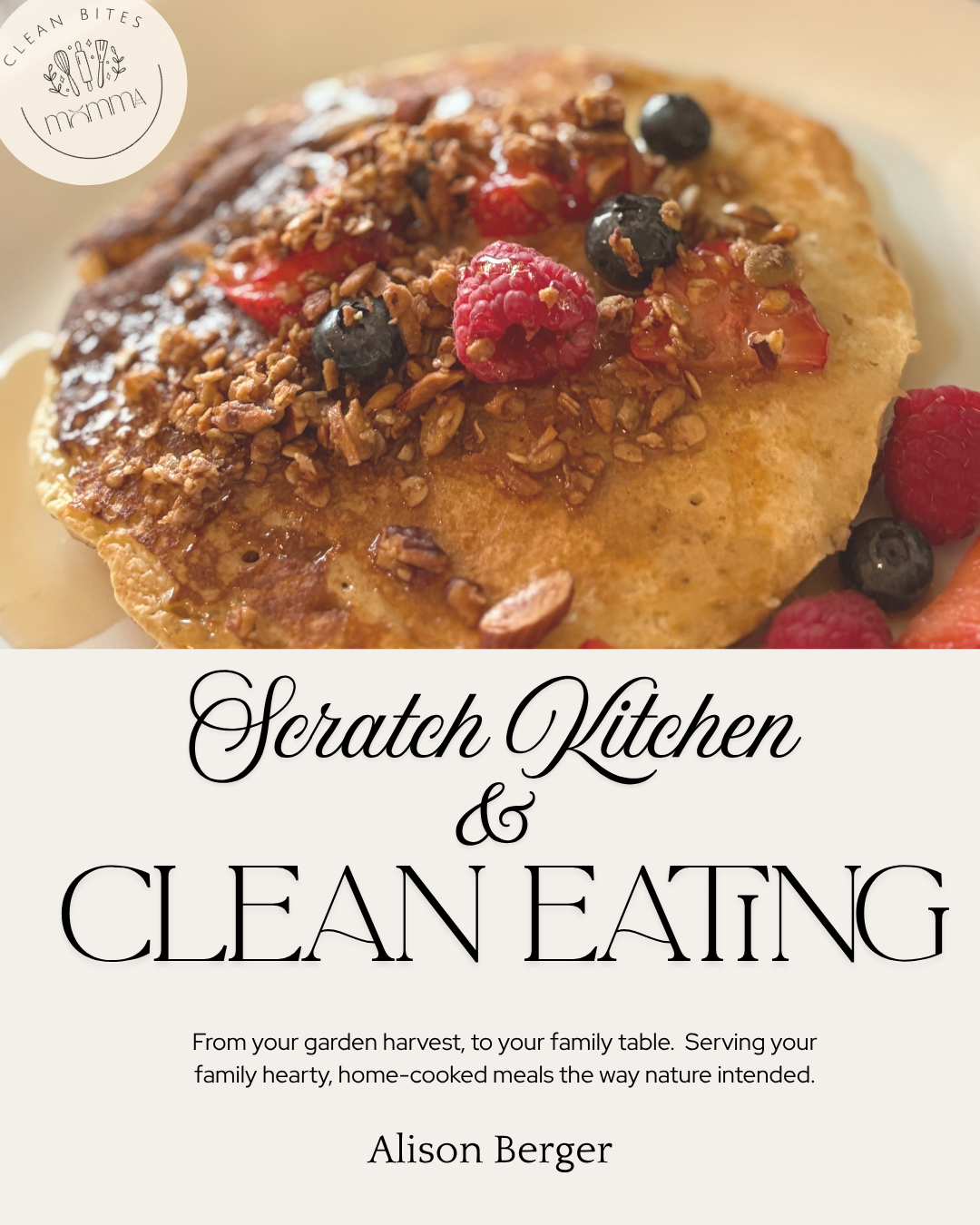 A plate with a pancake topped with granola, fresh berries including raspberries and blueberries, and a drizzle of syrup.