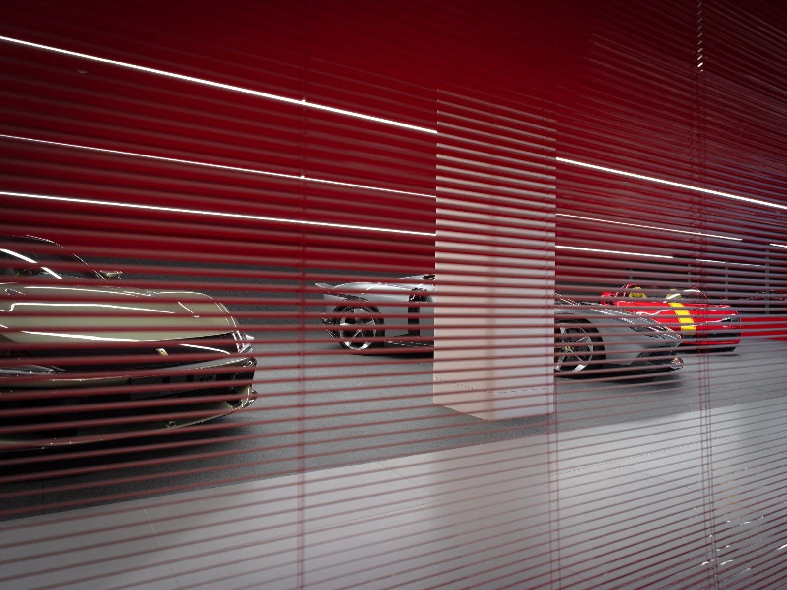 Luxury sports cars displayed inside a showroom viewed through red window blinds