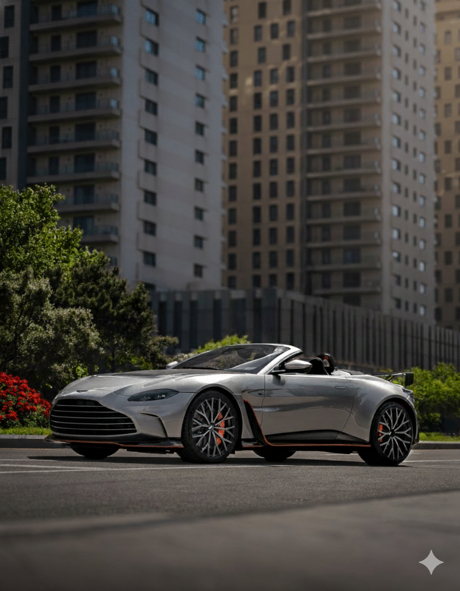 A silver luxury convertible sports car parked on the street in an urban area with tall apartment buildings and green trees in the background.