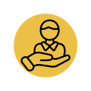 Icon of a person with crossed arms wearing glasses, inside a yellow circle.