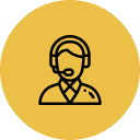 Icon of a customer service representative wearing a headset, inside a yellow circle.
