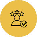 Icon of a person with three stars above their head, a checkmark next to them, on a gold background.