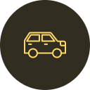 Icon of a small car with a simple outline, yellow on a dark circular background.