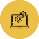 Laptop with gear and settings icons on the screen, yellow background