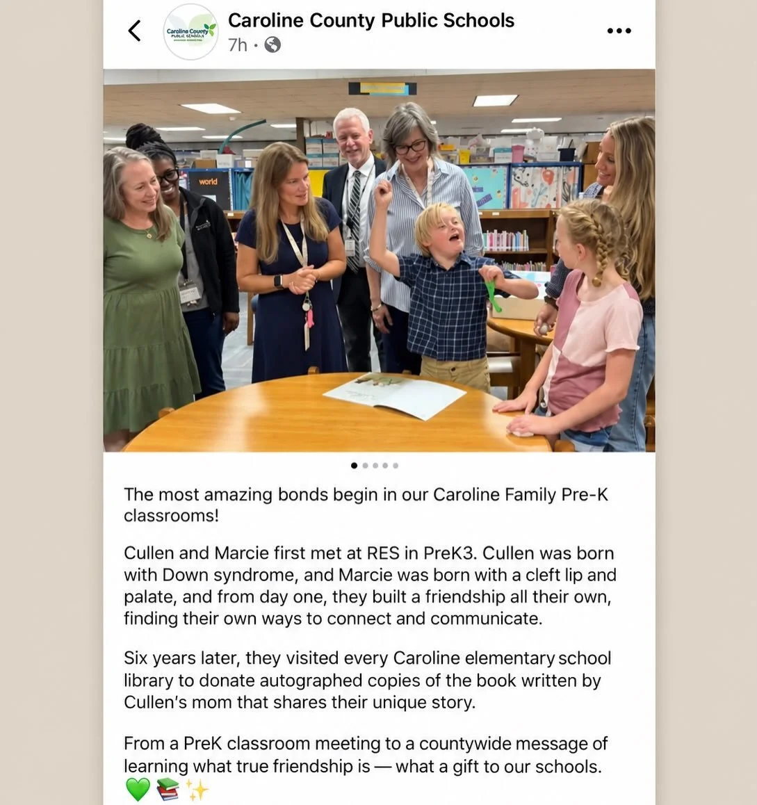 What a special full-circle moment. 🤍

Six years ago, Cullen and Marcie met in a Pre-K classroom and formed a friendship in their own way. This week, they returned to the schools where that friendship began to share My Friend Cullen and the message b