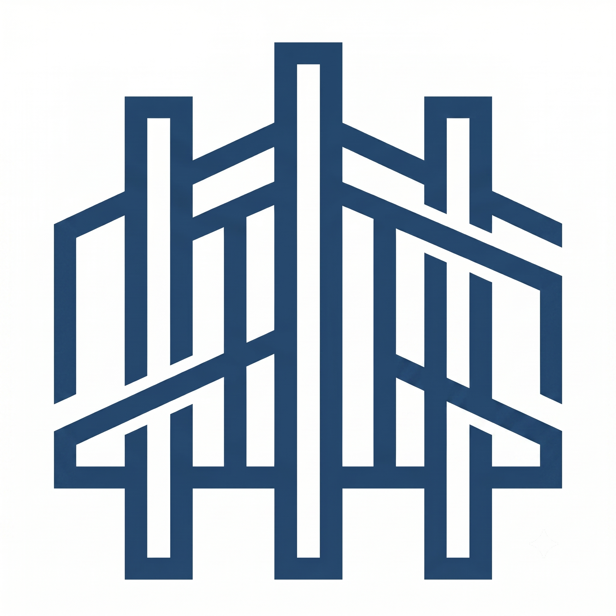 A blue geometric pattern resembling a stylized snowflake or star with interlocking angular shapes on a white background.