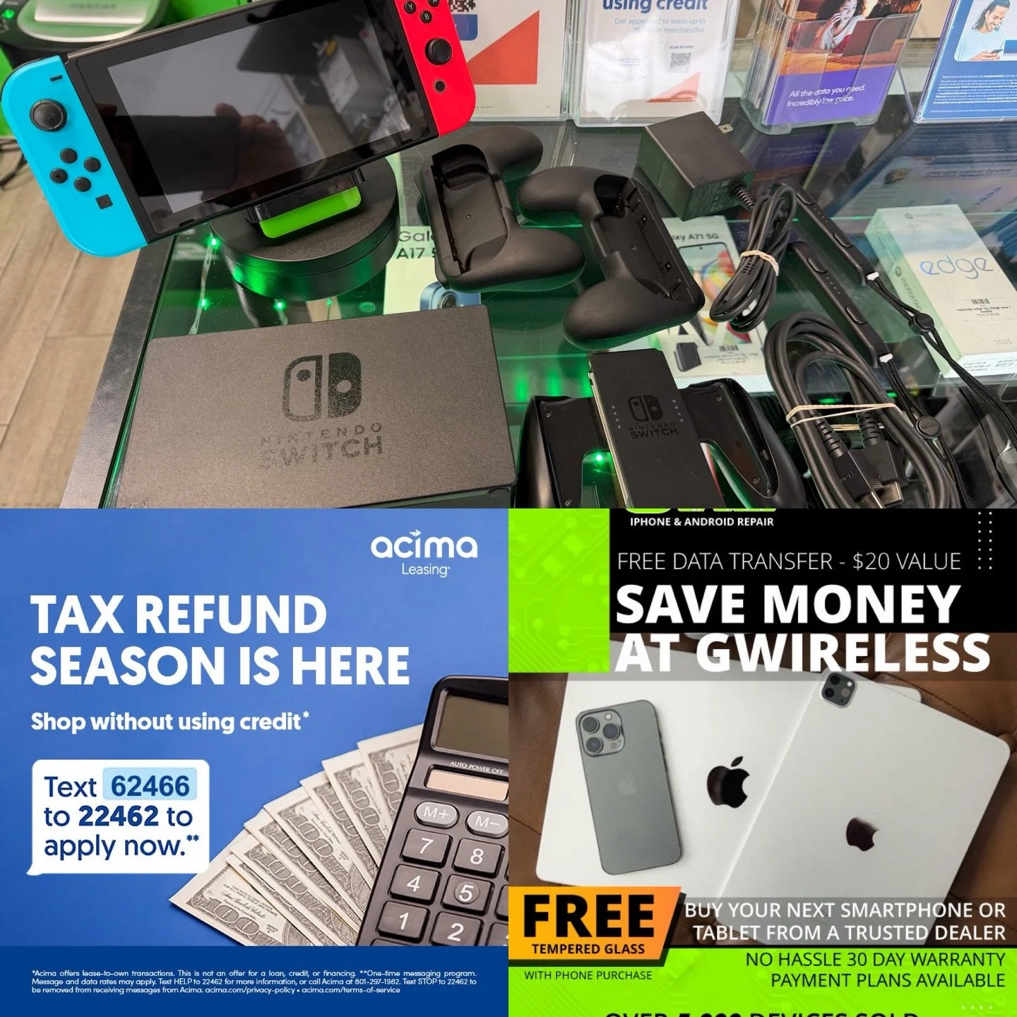 Nintendo Switch With Lots Of Extras! Red and Blue Joycon Controllers! 2 Grips! Charging Dock With HDMI Cable! And Mario Kart $249
Gwireless 2609 East Ashlan Ave Fresno Ca 93726 559-554-5207 www.gwirelessfresno.com