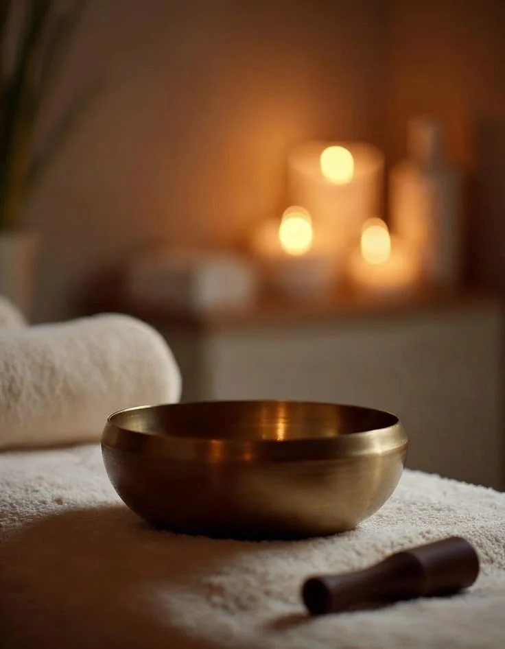 A brass singing bowl on a soft surface with a small wooden mallet nearby, and blurred lit candles in the background creating a warm, calming ambiance.