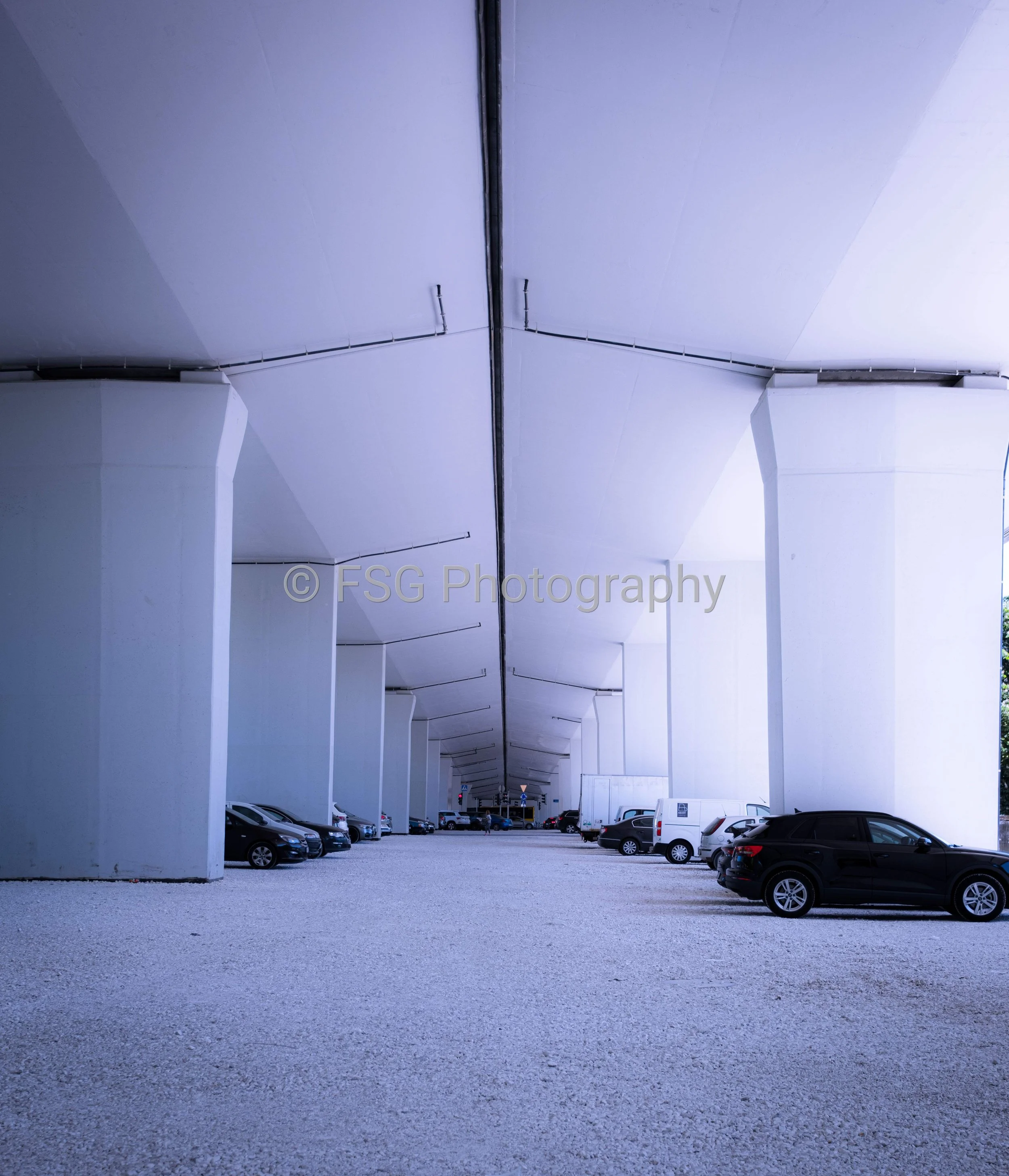 Monoliths of Motion

This photograph captures the raw, geometric grandeur of modern infrastructure. Shot from a precise central perspective beneath a Polish highway overpass, the composition transforms functional concrete pillars into a towering colo