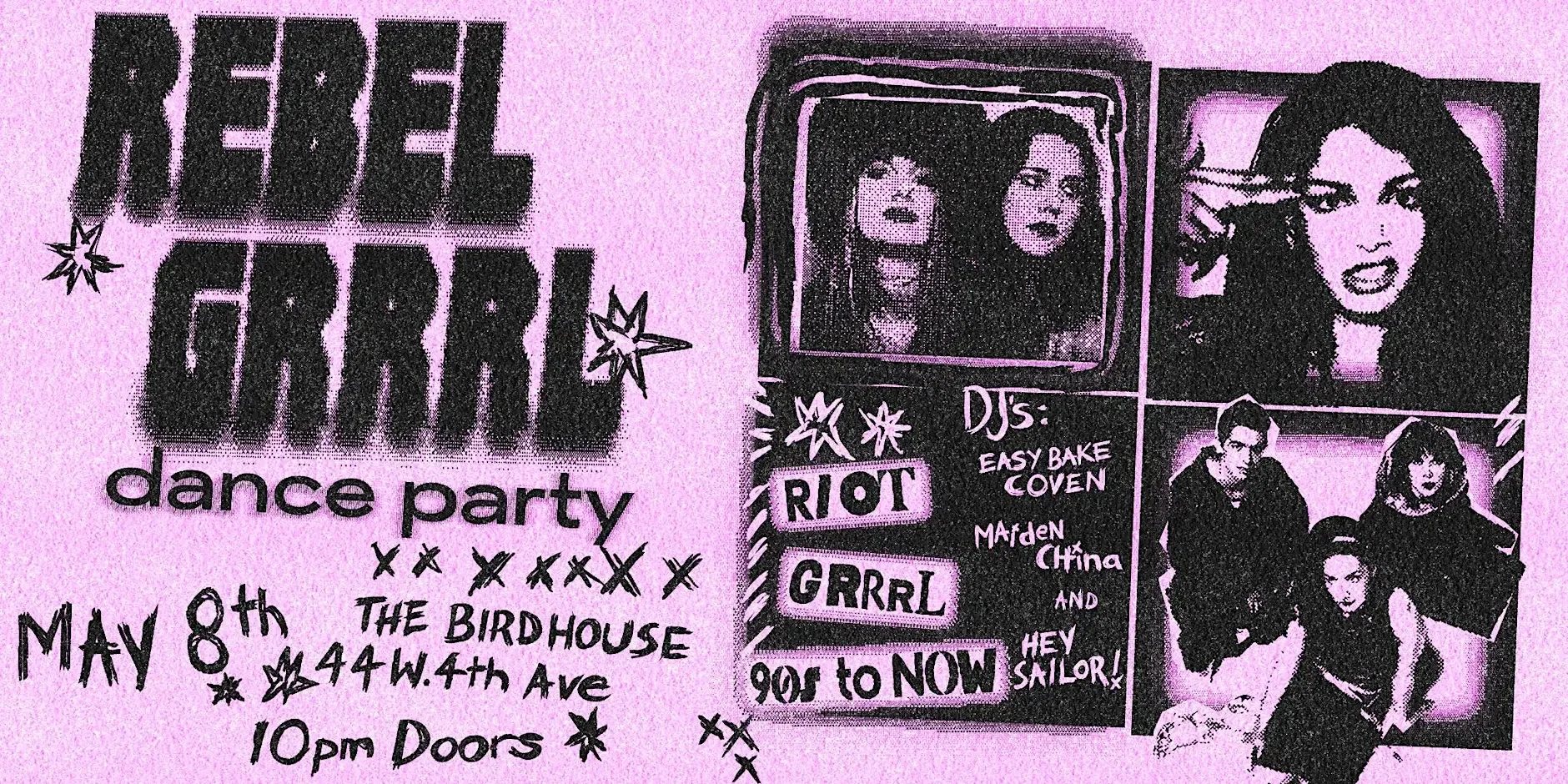 Promotional poster for Rebel Girl dance party with black and pink coloring, featuring photos of women, event details, and DJ names.