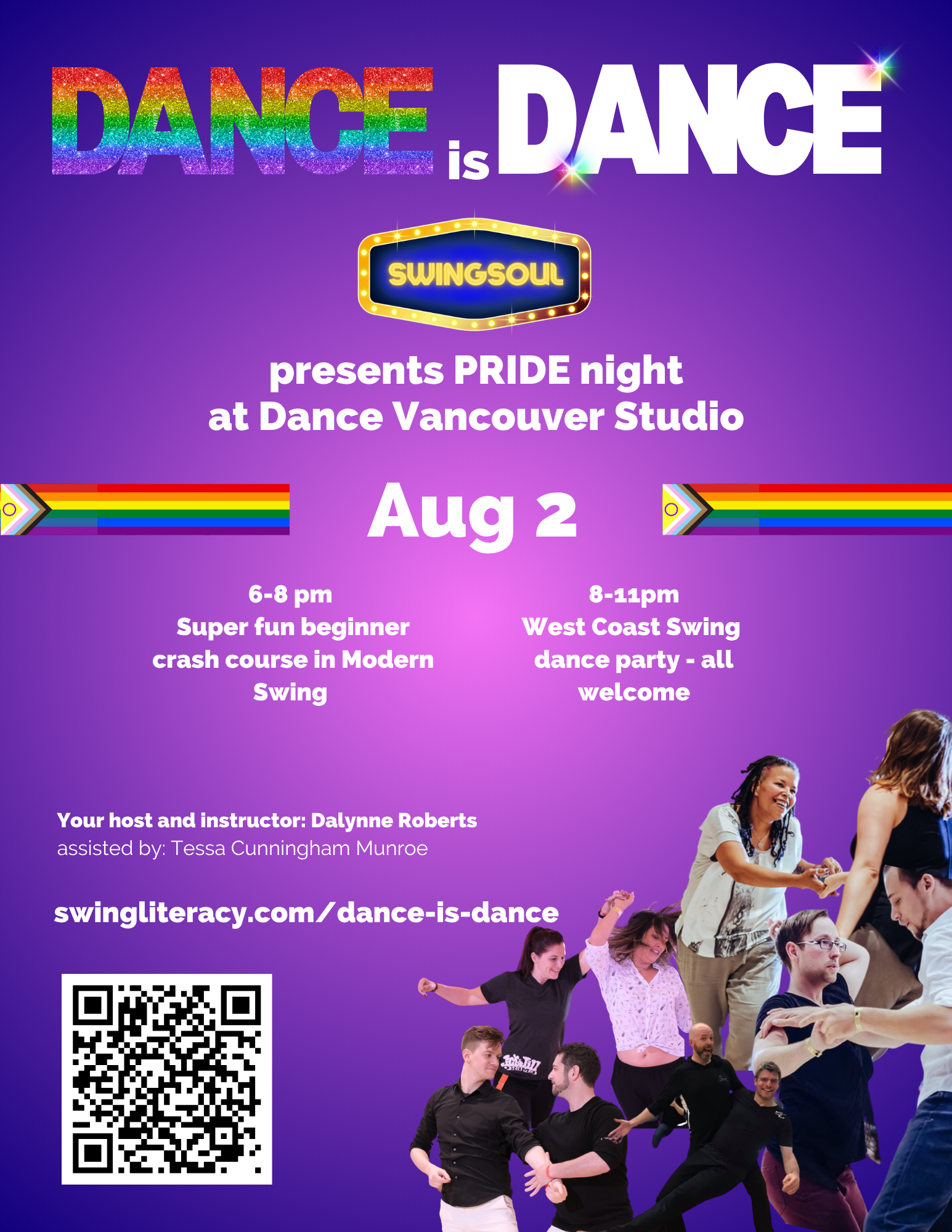 A colorful promotional flyer for a Pride-themed dance event at Dance Vancouver Studio called Swingsoul. The event features two dance sessions, one from 6-8 pm for beginners and a West Coast Swing dance party from 8-11 pm, on August 2. The flyer menti