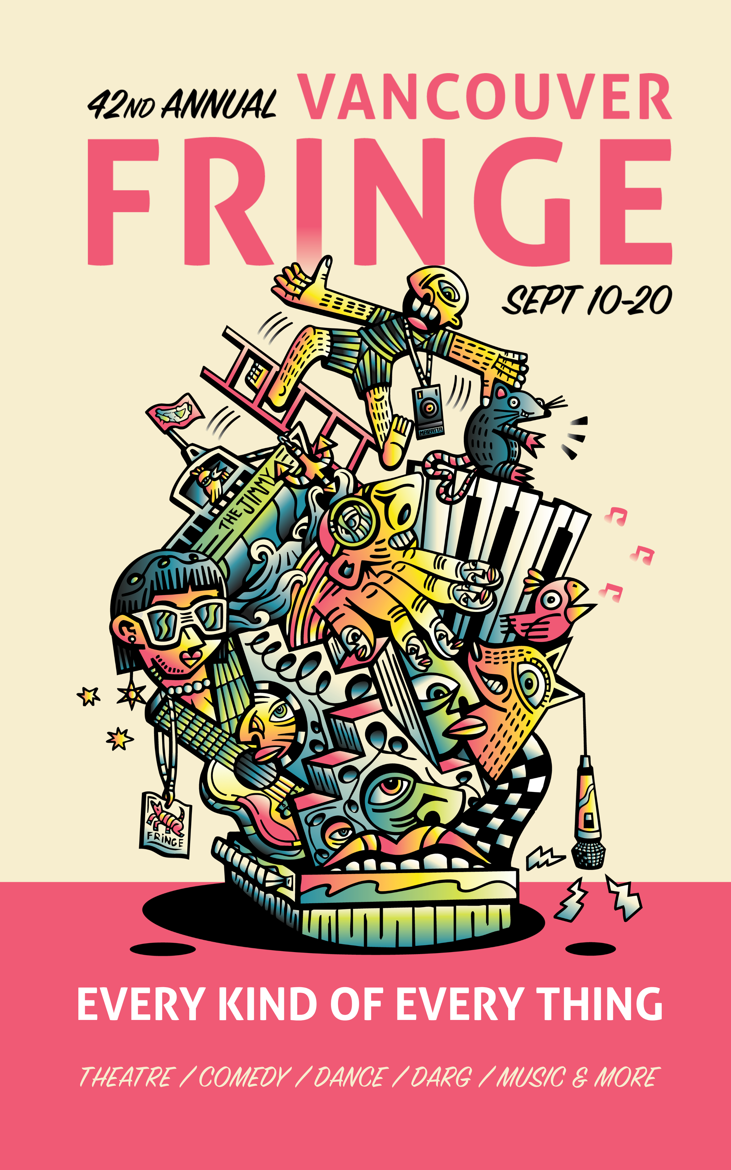 A colorful, cartoon-style poster for the 42nd annual Vancouver Fringe Festival, happening from September 10 to 20. The artwork features a collage of whimsical characters and objects, including a person with an outstretched arm, a rat, a woman with su