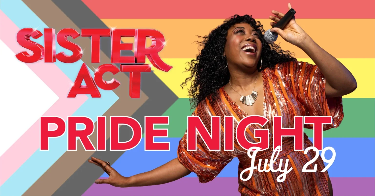 A woman singing into a microphone against a background of rainbow pride flags, promoting a Sister Act Pride Night event on July 29.