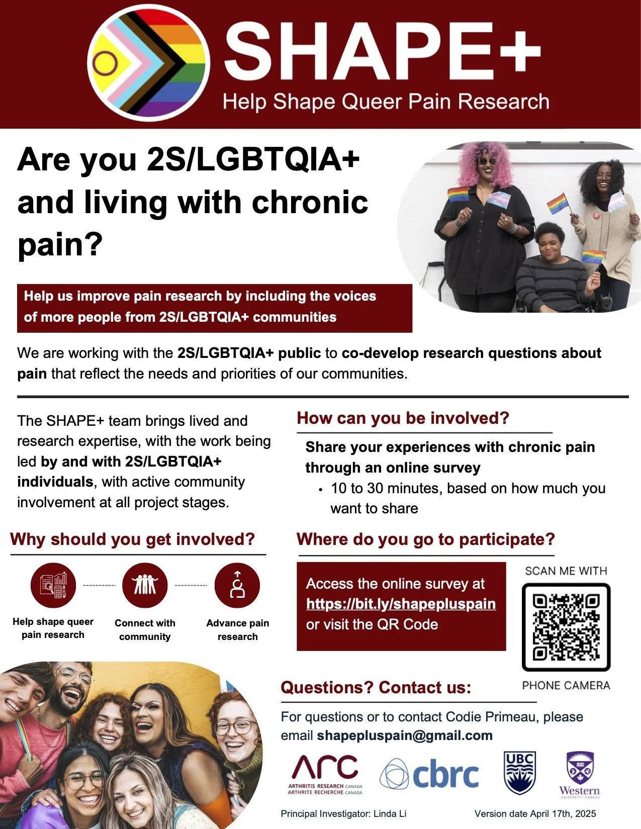 Flyer for SHAPE+ encouraging participation in chronic pain research among 2S/LGBTQIA+ communities, featuring a group photo of diverse individuals holding rainbow flags and a QR code for survey access.