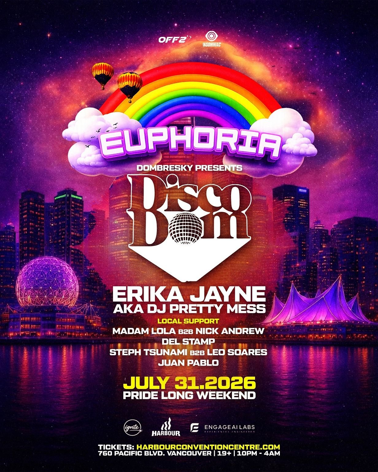 A vibrant digital poster for the Euphoria music event. Features a night city skyline with colorful lights, a rainbow, clouds, hot air balloons, and a globe-shaped structure. Event details include the date July 31, 2026, and listed performers Erika Ja