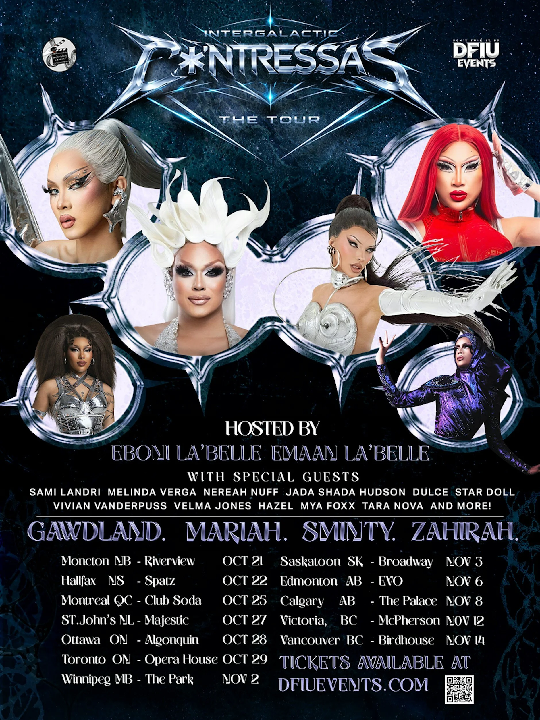 Promotional poster for the 'Intergalactic C*ntressa' touring event featuring drag performers. It includes photos of seven performers with their names listed, details of tour dates and locations across Canadian cities, and mentions ticket purchase inf