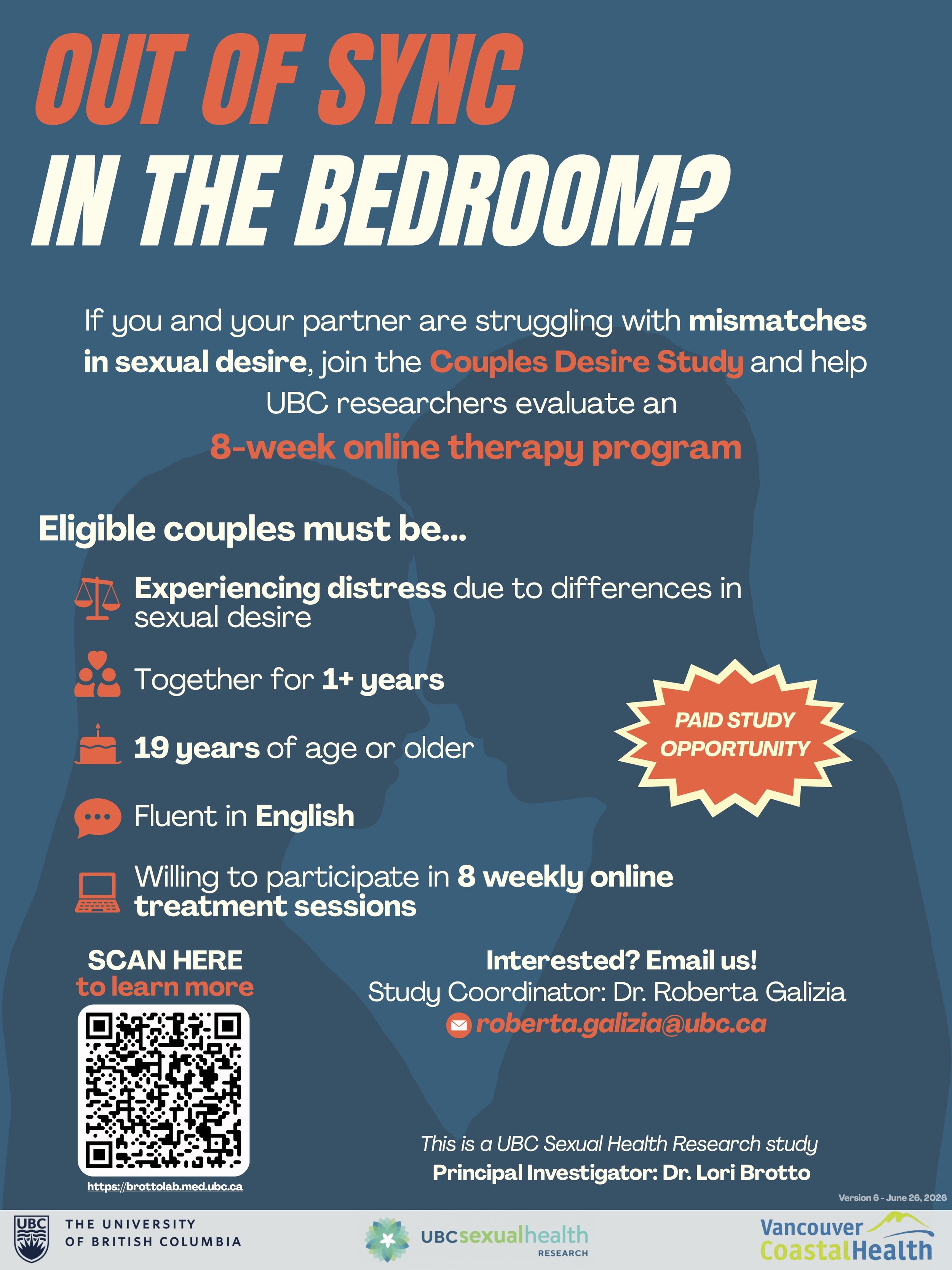 Poster advertising a UBC sexual health research study on out of sync sexual desire in couples. Features a dark blue background with text and icons, including a QR code, contact email, and logos of UBC and Vancouver Coastal Health.