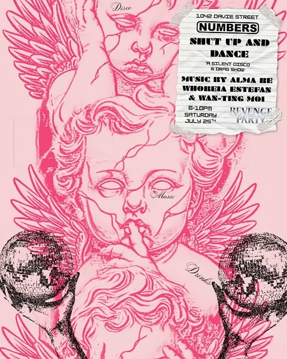 Pink background with line art illustrations of three female faces, one with a finger to her lips, and winged elements. A torn paper flyer promotes a dance party called "Numbers" on July 25th at 10:42 Ohio Street featuring DJ Alma Bee, Whooreia Esteep