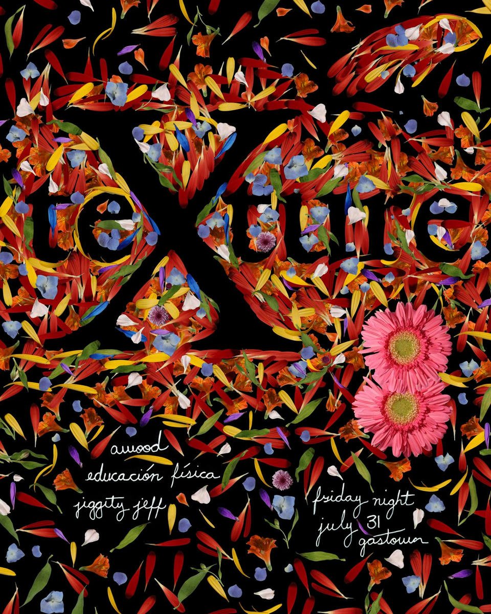 A colorful collage of flower petals with the words 'LOVE' spelled out in the center, and handwritten notes about a Friday night event at Gastown on July 31 for 'a wood', physical education, and Jiggity Jeff.