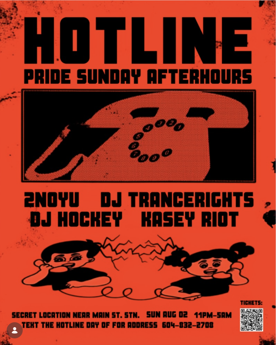 Event poster with a bright orange background promoting a Pride Sunday Afterhours hotline event. The poster features a large old-fashioned telephone icon and illustrations of two children talking on phones. It lists DJs and performers including 2N4YU,