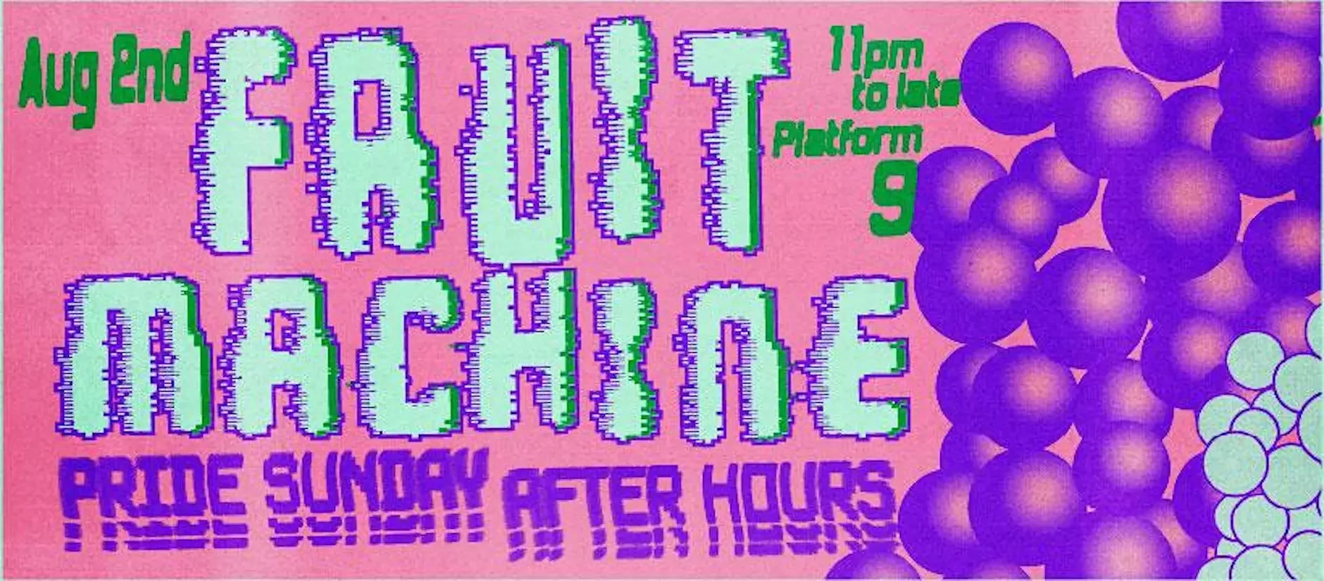 A promotional poster for a fireworks event on August 2nd, from 11 pm to late at the platform 9. The poster features purple fireworks on a pink background with text in bright colors.
