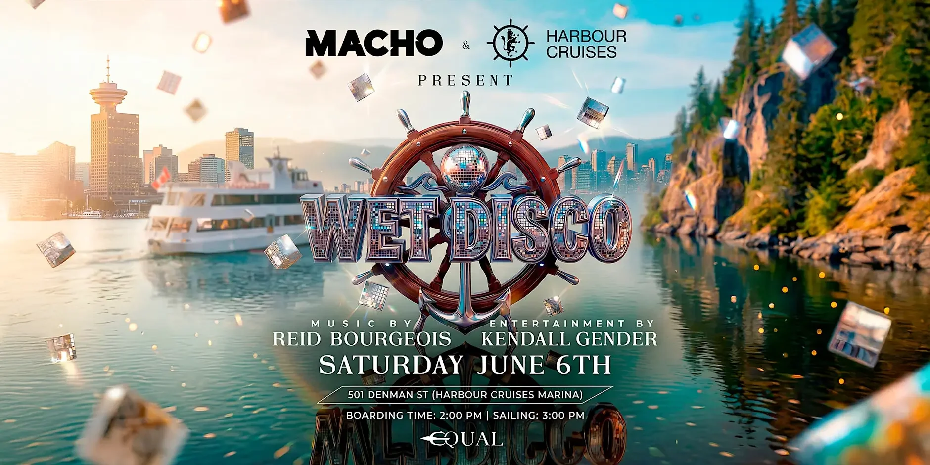 Event poster for Wet Disco presented by Macho and Harbour Cruises, featuring a water scene with a city skyline, a boat, and mountains, with confetti and a ship steering wheel in the center.
