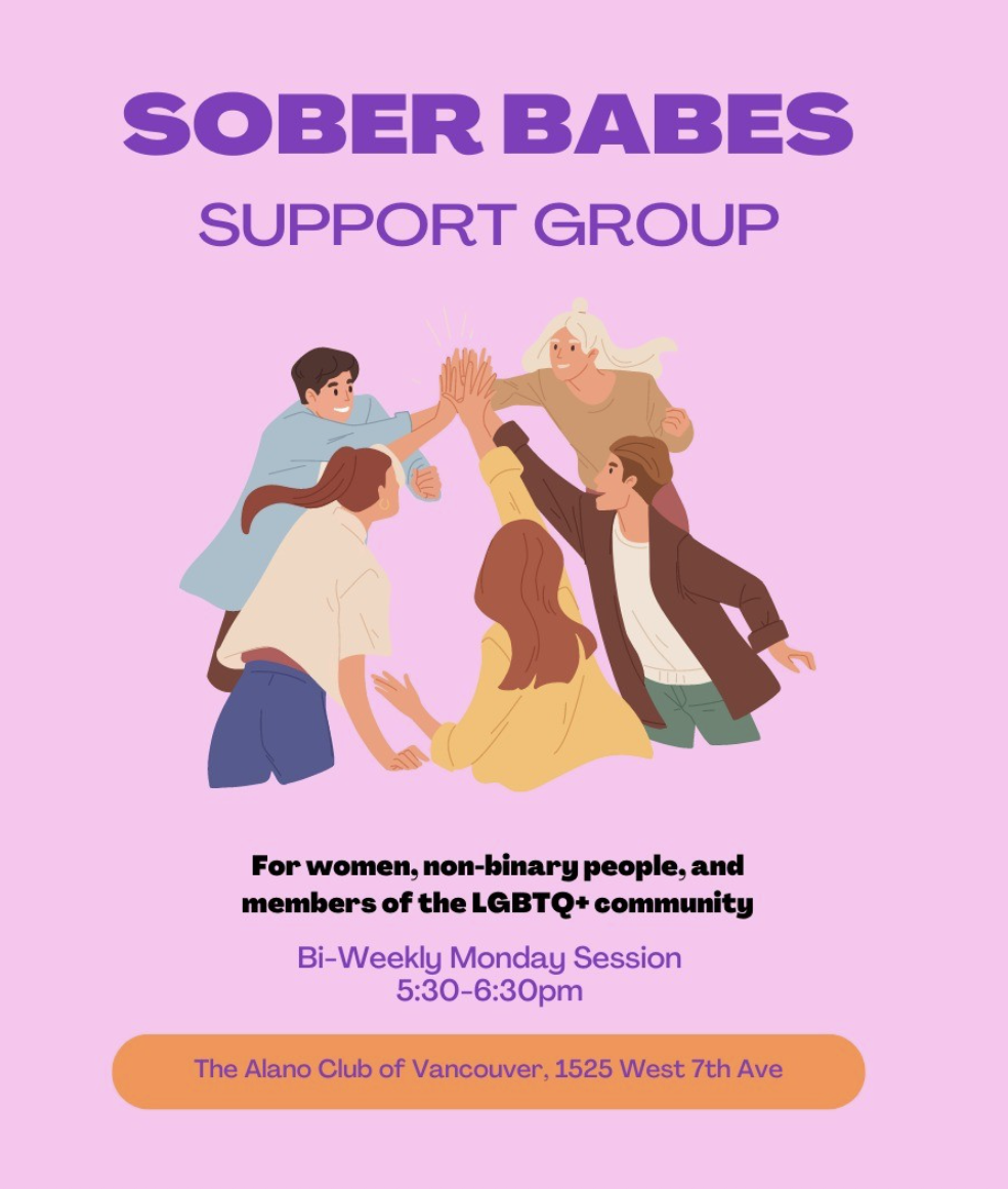 Poster for Sober Babes support group with an illustration of diverse women giving high fives, held at The Alano Club of Vancouver, 1525 West 7th Ave, on Mondays from 5:30 to 6:30 pm, for women, non-binary people, and LGBTQ+ community.
