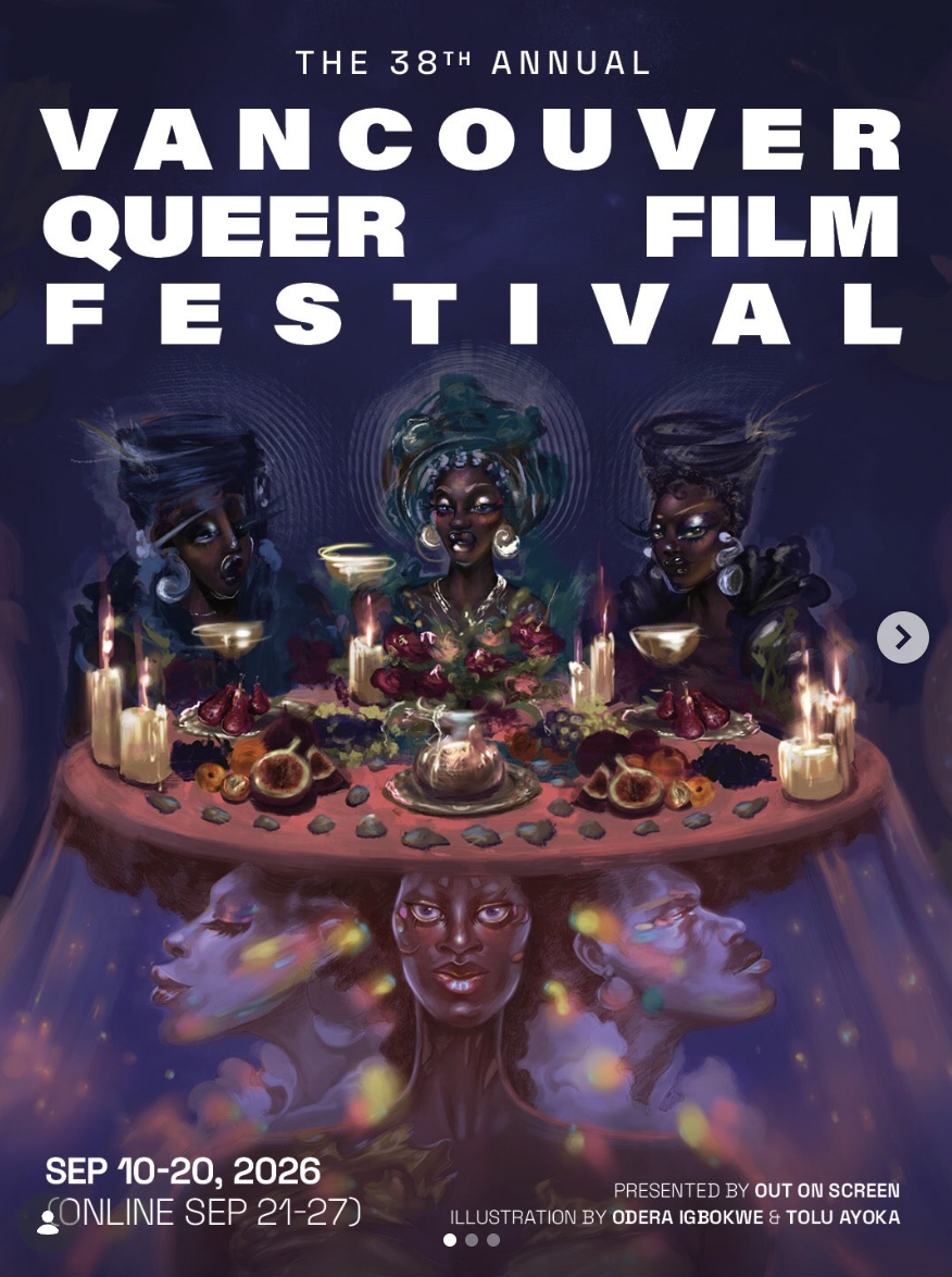 Promotional poster for the 38th annual Vancouver Queer Film Festival featuring vibrant artwork of diverse Black women with elaborate hairstyles, surrounded by candles and food, with their images reflected below. The festival runs from September 10-20
