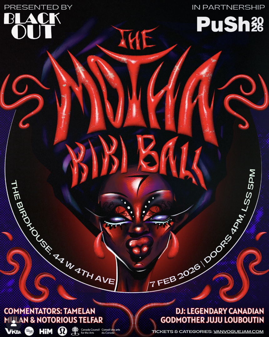 Event poster titled 'The Midnight Bible Ball' presented by Black Out and in partnership with PuSh 2026. Graphic art features a stylized figure with dark skin, large lips, and elaborate eye makeup, surrounded by red tentacle-like shapes. The event det