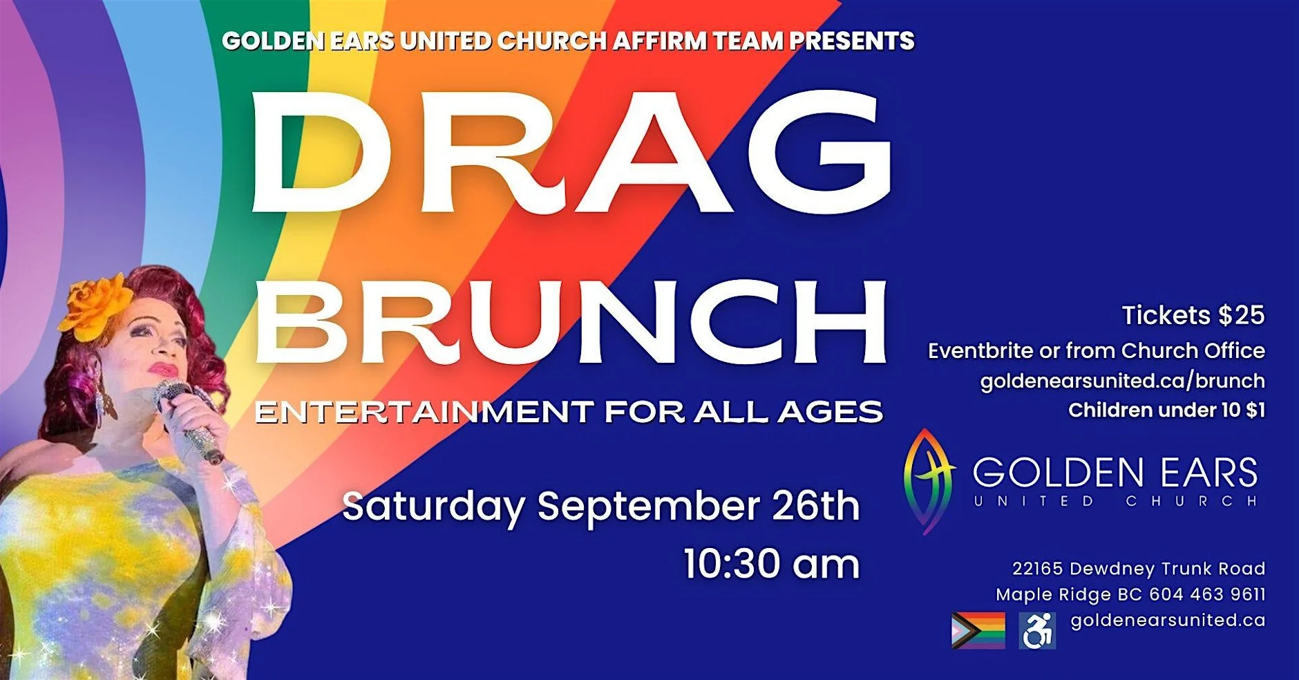 Event flyer for a Drag Brunch hosted by Golden Ears United Church Affirm Team, featuring a colorful background with rainbow stripes. It includes a picture of a performer with vibrant purple hair, yellow dress, and a yellow flower in her hair, holding