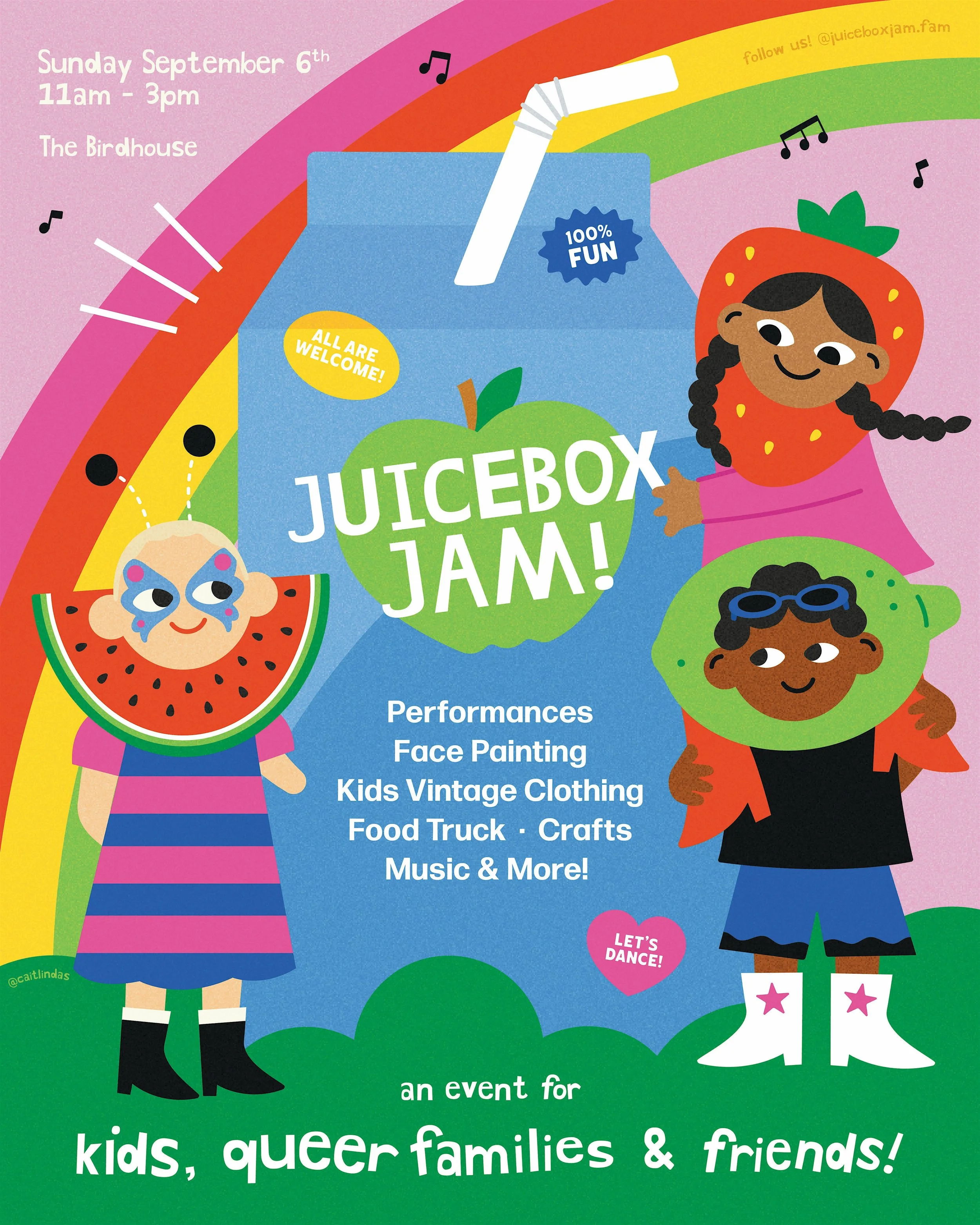 A colorful children's event poster with a rainbow background and cartoon characters. The poster has details about the event, such as date, time, location, and activities including performances, face painting, kids' vintage clothing, food truck, craft